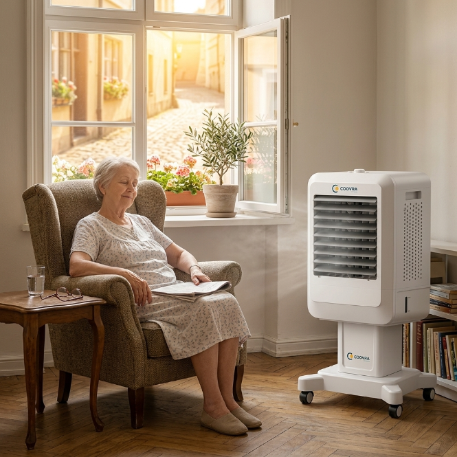 COOVRA™ Solar-Powered Evaporative Air Cooler Fan — with 100W Foldable Solar Panel