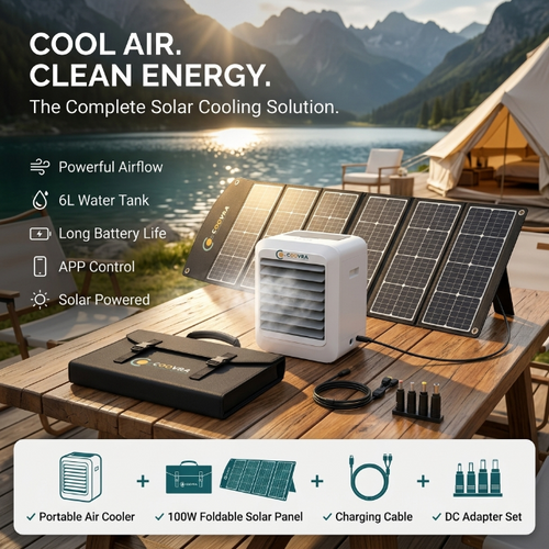 COOVRA™  Solar-Powered Evaporative Air Cooler Fan —  with 100W Foldable Solar Panel