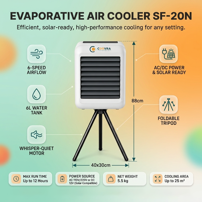 COOVRA™  Solar-Powered Evaporative Air Cooler Fan —  with 100W Foldable Solar Panel
