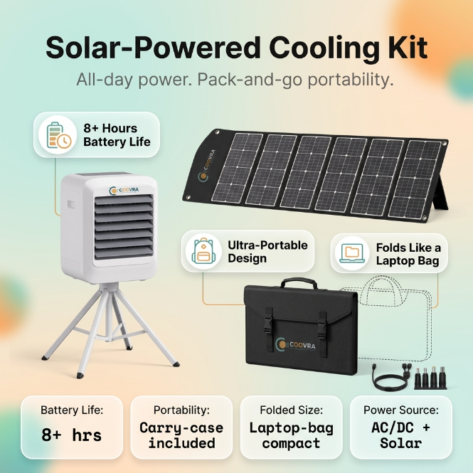 COOVRA™  Solar-Powered Evaporative Air Cooler Fan —  with 100W Foldable Solar Panel